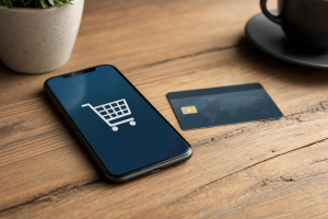 Einkaufswagen-Symbol auf Smartphone-Bildschirm, daneben Bankkarte auf Holztisch
